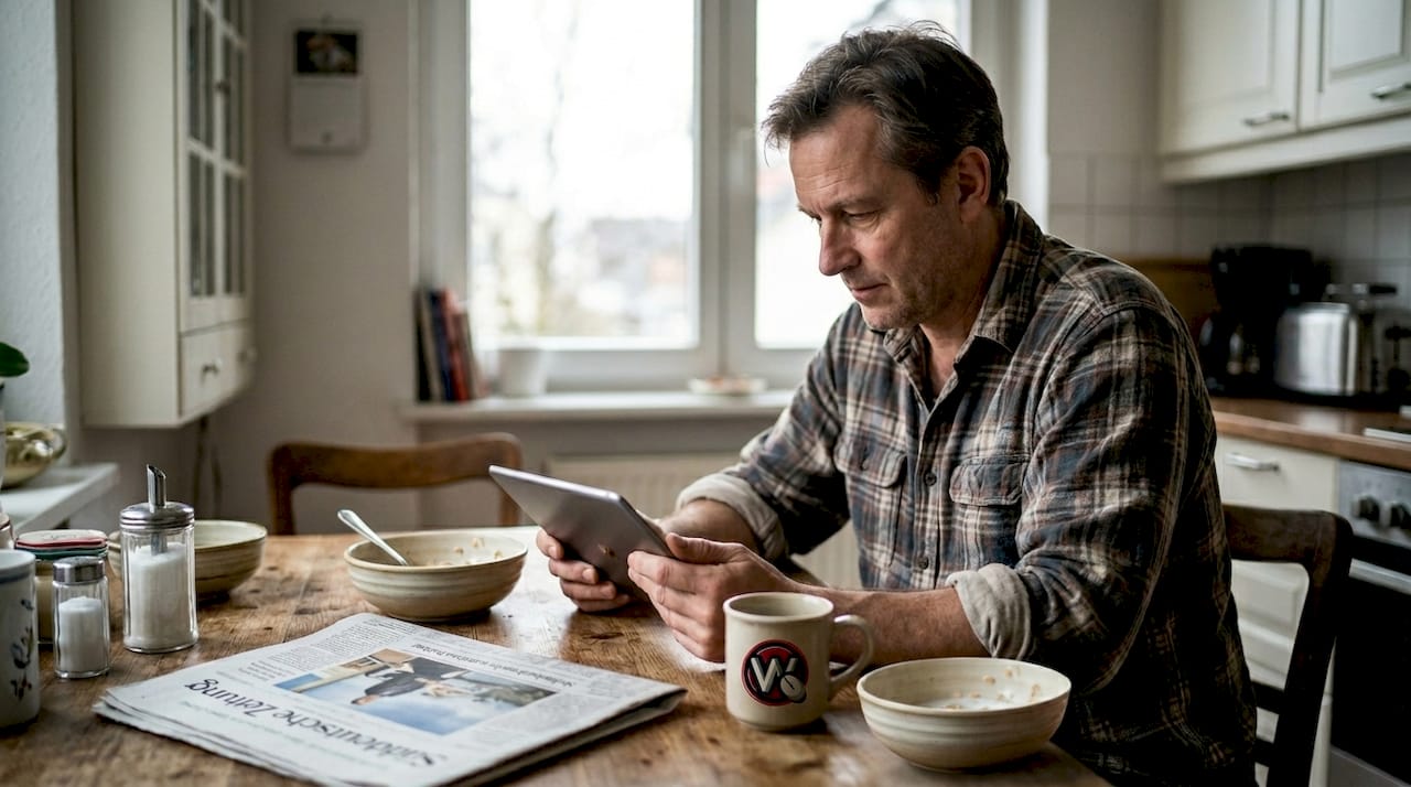 Ein Mann stöbert mit seinem Tablet durch einen Onlineshop.