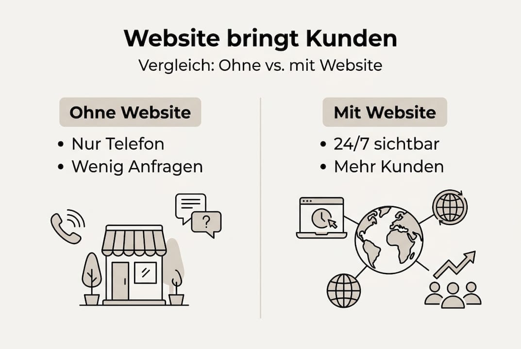 Infografik zeigt, wie sich die Kundengewinnung mit und ohne eigene Website unterscheidet