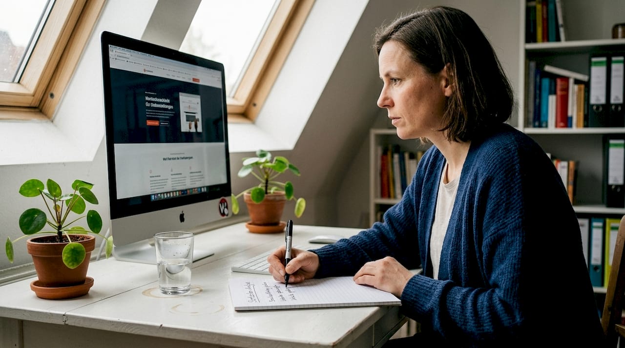 Eine Frau arbeitet im Homeoffice und nimmt dabei eine Website genau unter die Lupe.