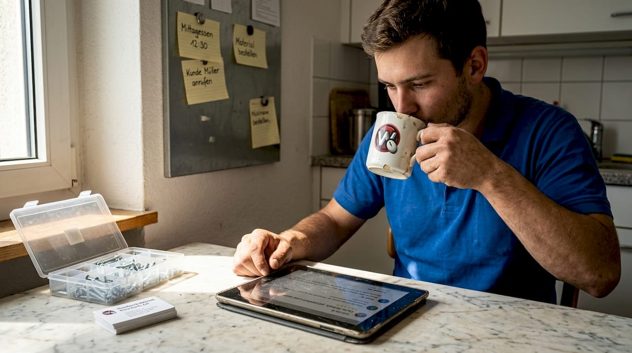 Ein Handwerker sitzt in einer kleinen Küche und schaut sich Online-Bewertungen an.