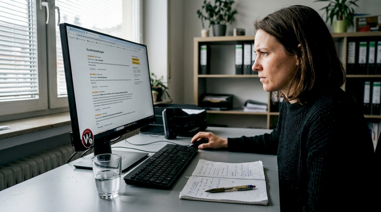 Conversion-Optimierung für KMU: Mehr Abschlüsse erzielen Eine Frau sitzt an ihrem Schreibtisch im Büro und liest aufmerksam die Bewertungen von Kunden.