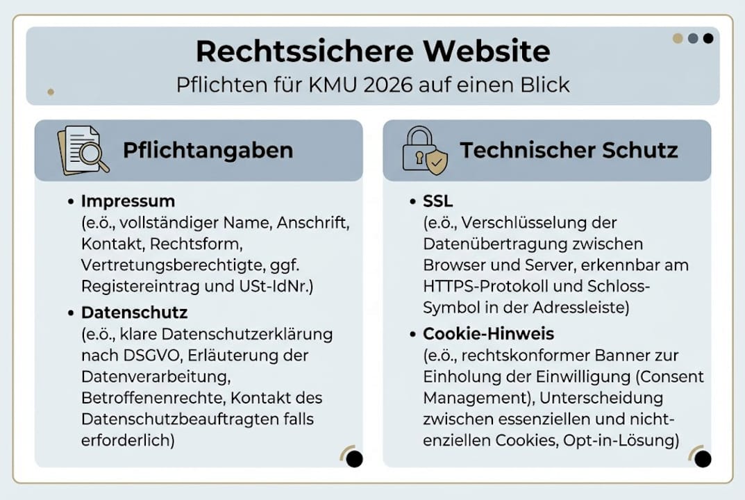 Rechtssichere Website: Praxis-Guide für KMU 2026 Übersicht: Was eine rechtssichere Website unbedingt erfüllen muss