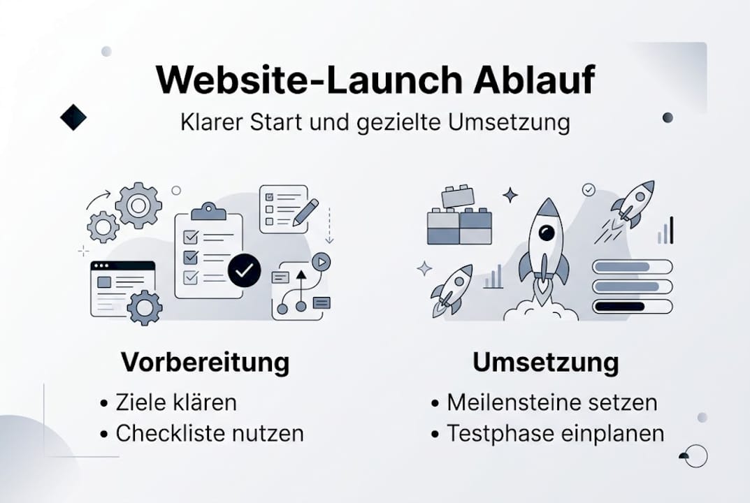 Unternehmenswebsite Launch: Schnell, transparent, erfolgreich Infografik: Der Fahrplan zum erfolgreichen Website-Start – alle wichtigen Schritte im Überblick