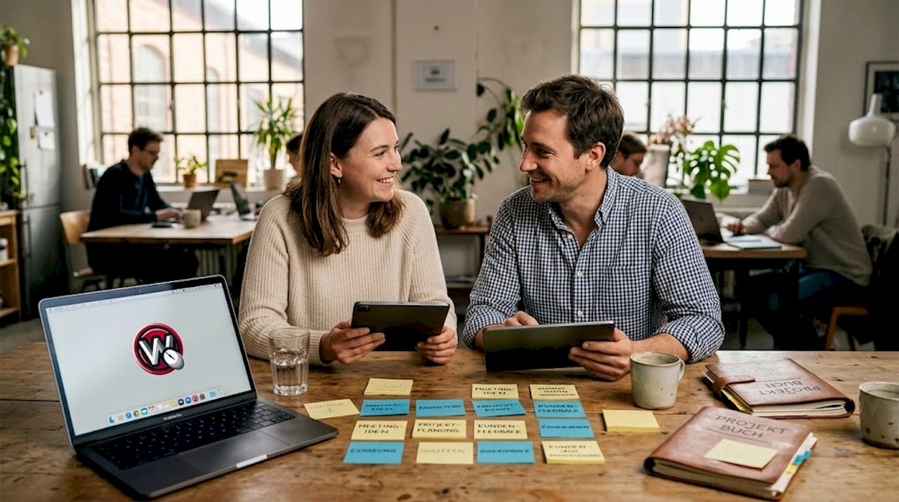 Webdesign-Trends 2026: So bleibt Ihr Unternehmen digital führend Das Team sitzt gemeinsam am Tisch und tauscht sich über spannende Möglichkeiten für Storytelling im Web aus.