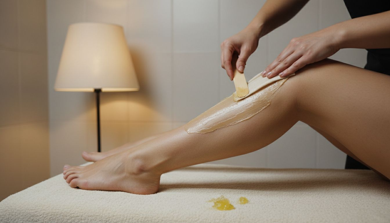 Colocando una banda de cera sobre la pierna para depilar