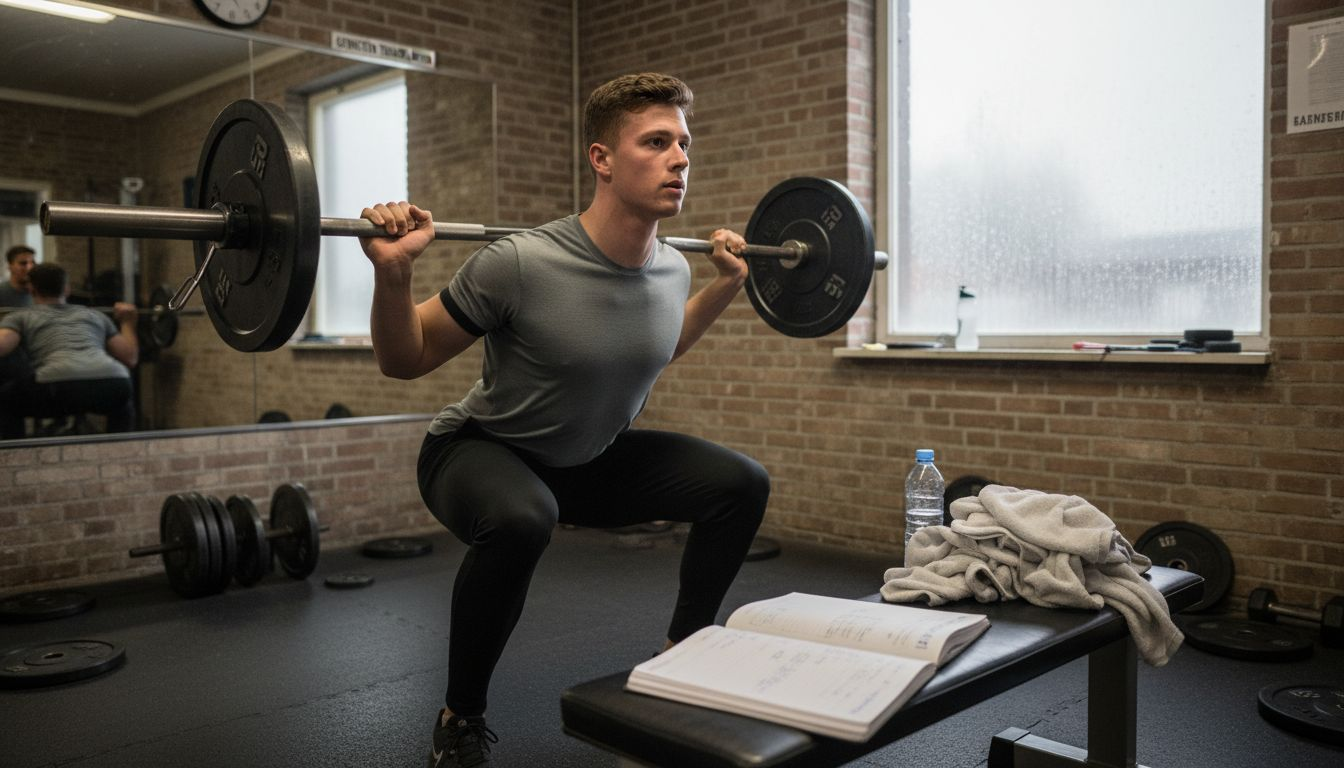 Een beginnende sporter is aan het squatten in een knusse sportschool.