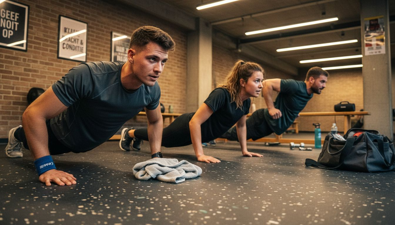 Sportievelingen sluiten zich aan bij een groepsles in de sportschool.