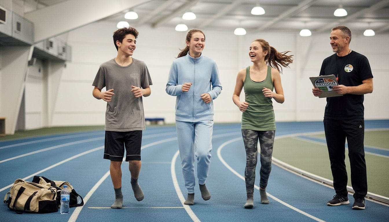 Drie jongeren startten samen hun rondje op de atletiekbaan.