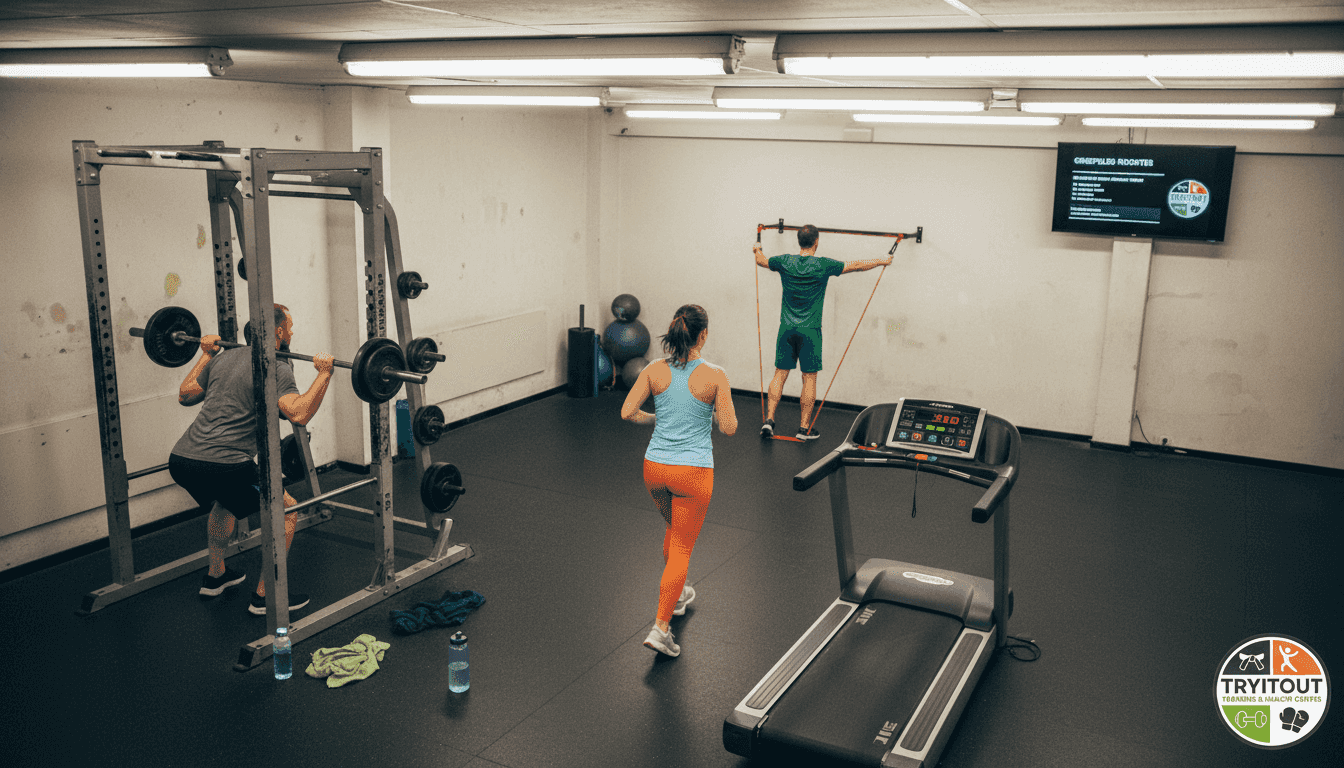 In de sportschool zijn verschillende mensen bezig met hun training op diverse fitnessapparaten.