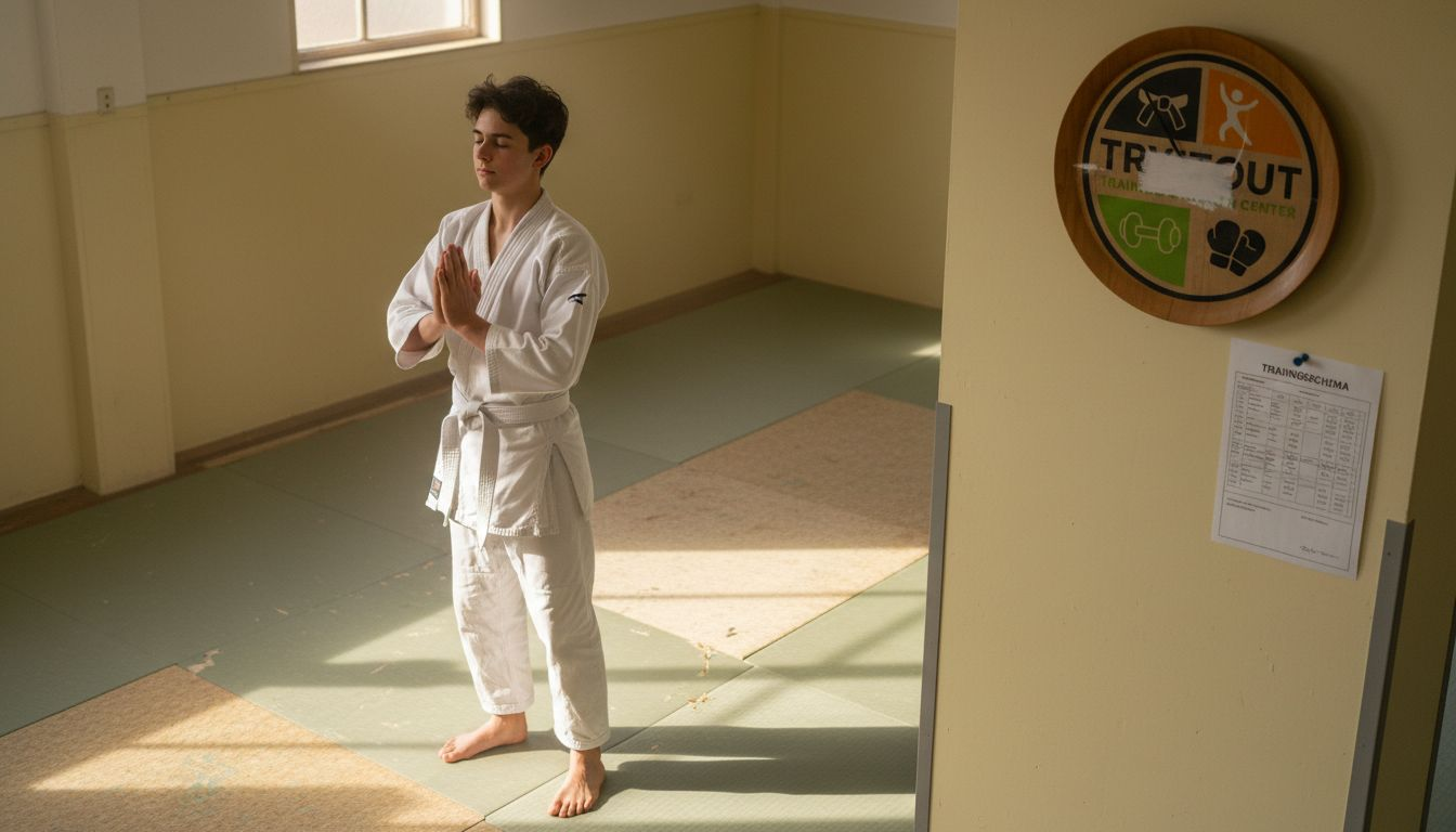Een jonge karateka oefent met aandacht op zijn ademhaling.
