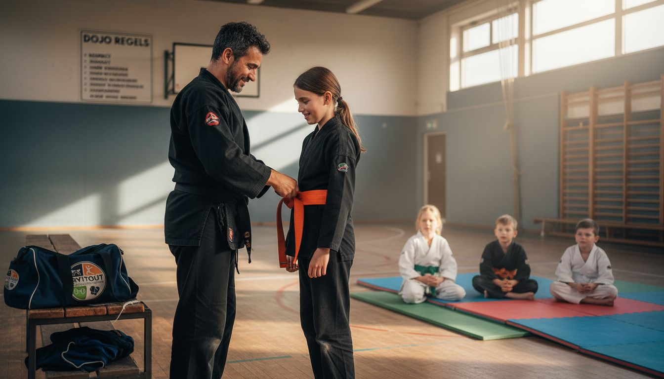 Tiener ontvangt karateband tijdens ceremonie