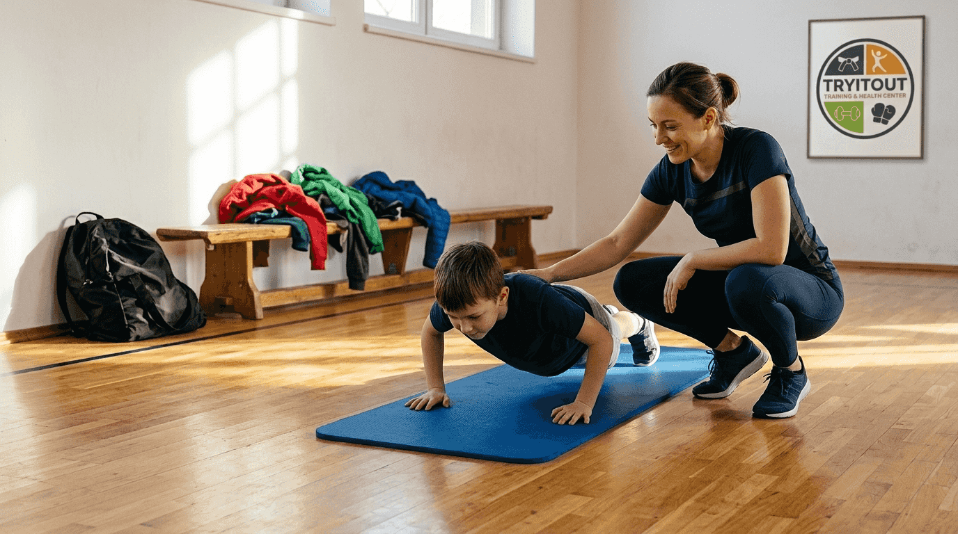 Een kind en een coach werken samen aan mentale en fysieke begeleiding tijdens het sporten.