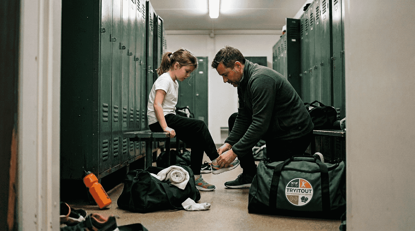 Een ouder maakt zijn kind klaar voor de judoles.