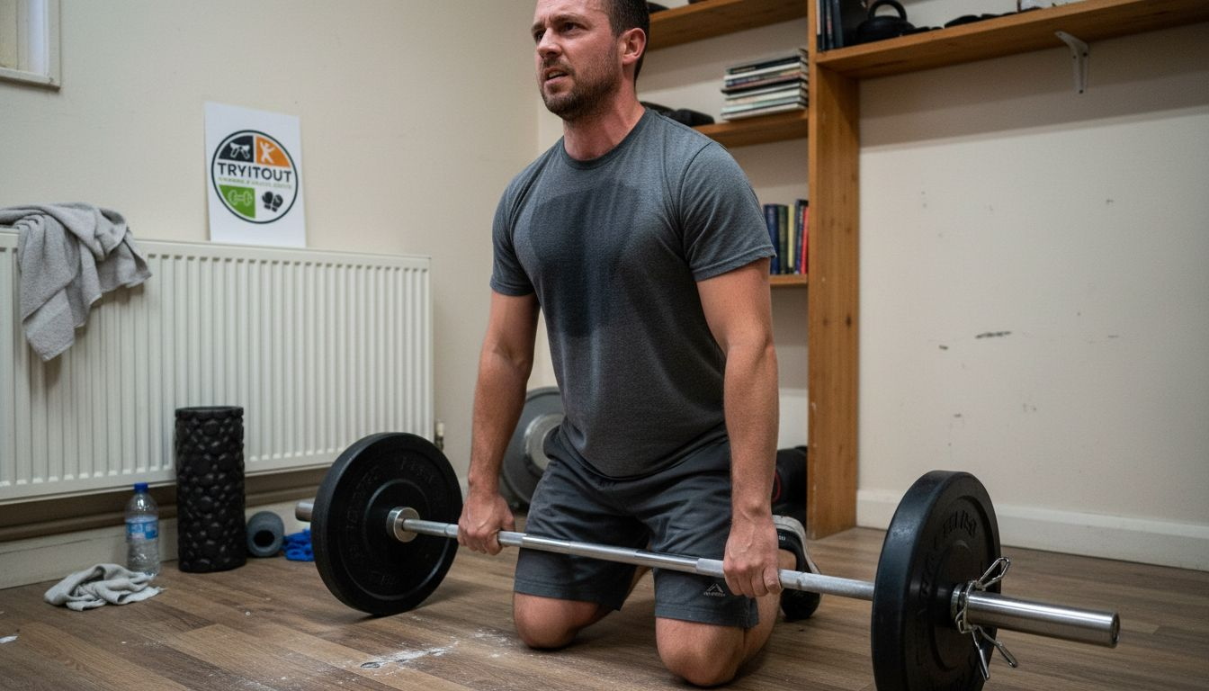 Met een flinke dosis doorzettingsvermogen werkt deze sporter zich tijdens de krachttraining door elke oefening heen.