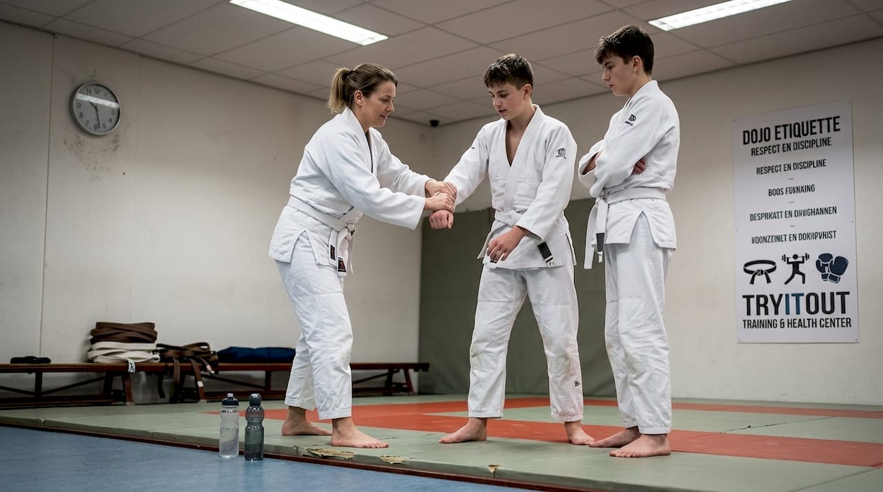 Tijdens de jujutsu-les oefenen de deelnemers verschillende zelfverdedigingstechnieken.