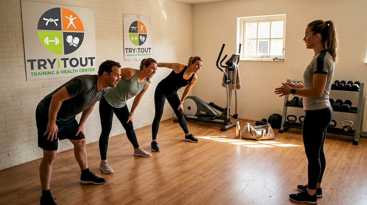 Met een klein groepje volop in beweging tijdens een energieke fitnessles.