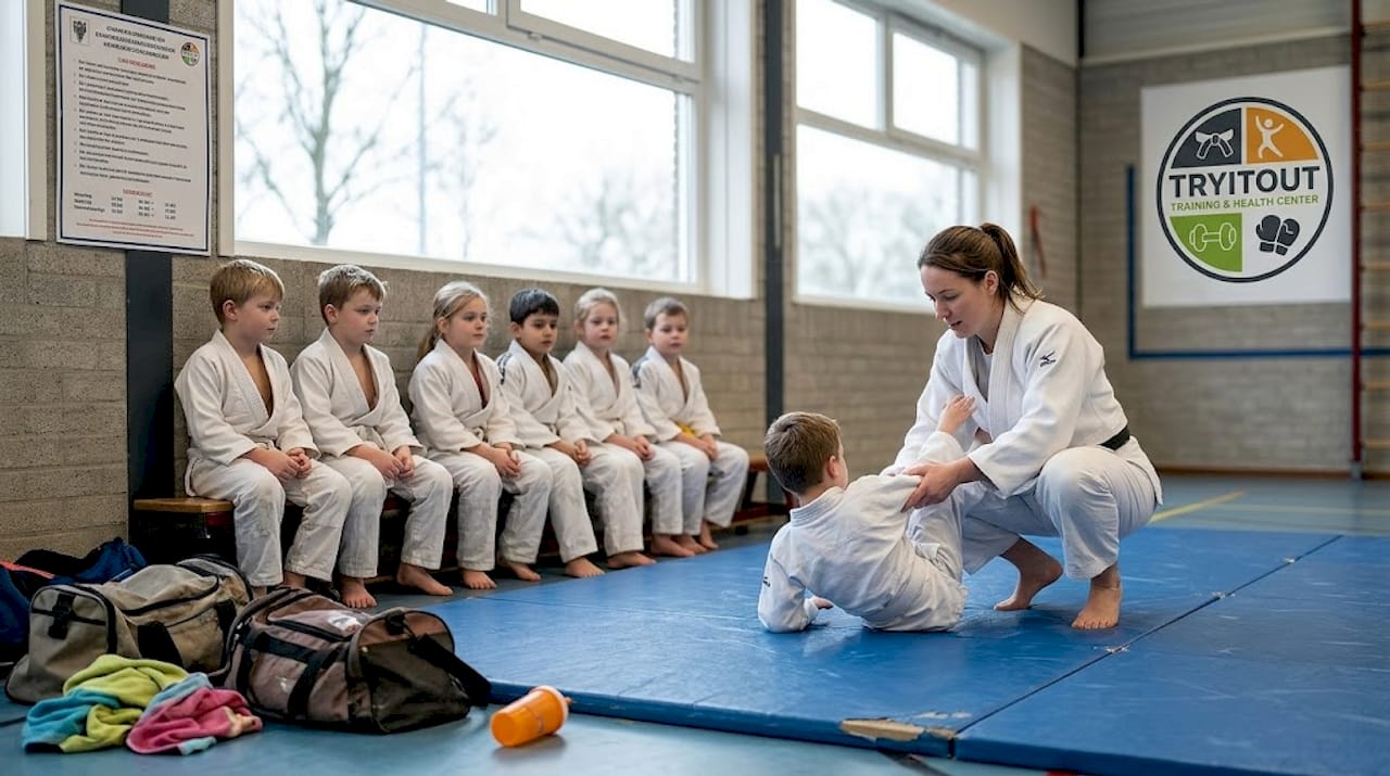 Een jujutsu docente leert kinderen hoe ze veilig kunnen vallen.