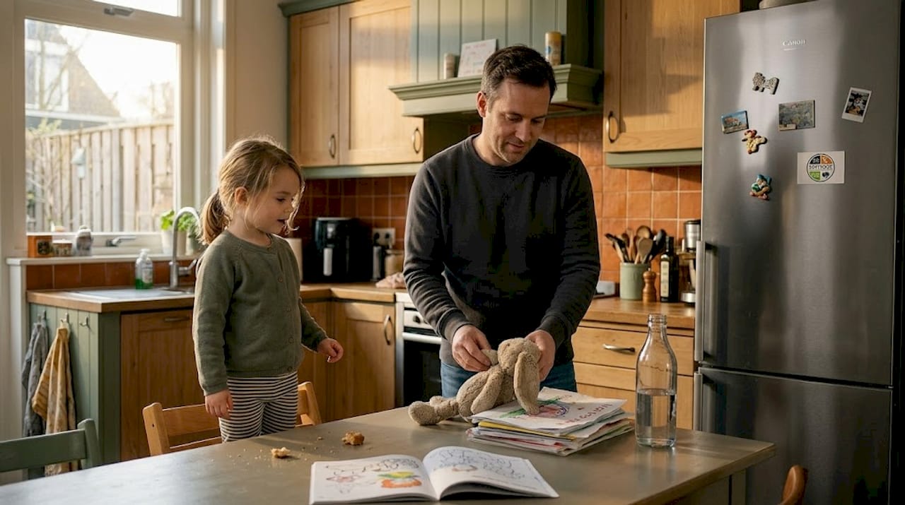 Een vader en zijn kind brengen samen rustig tijd door in de keuken.