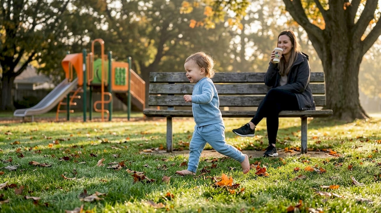 Een peuter huppelt vrolijk over het grasveld bij de speeltuin.