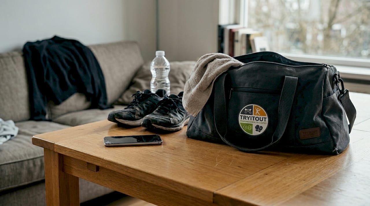 De eettafel ligt vol met sportspullen.