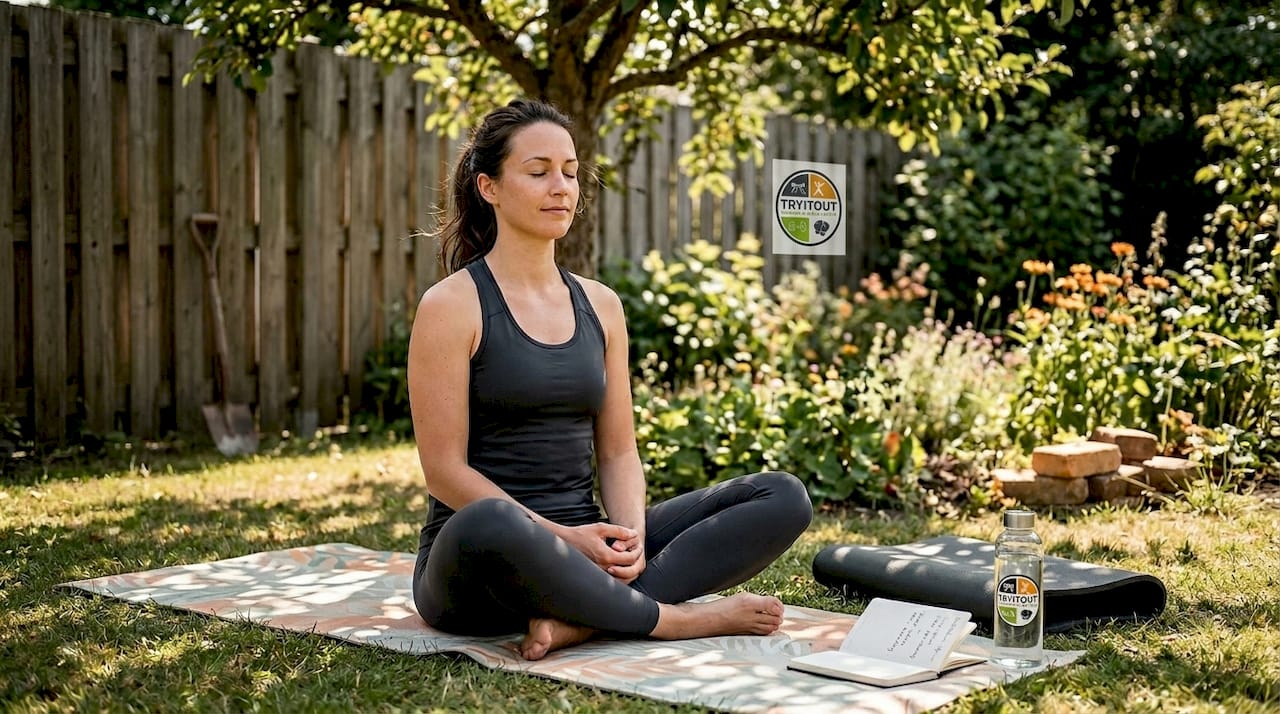 Een vrouw zit thuis op haar yogamat en is verdiept in meditatie.