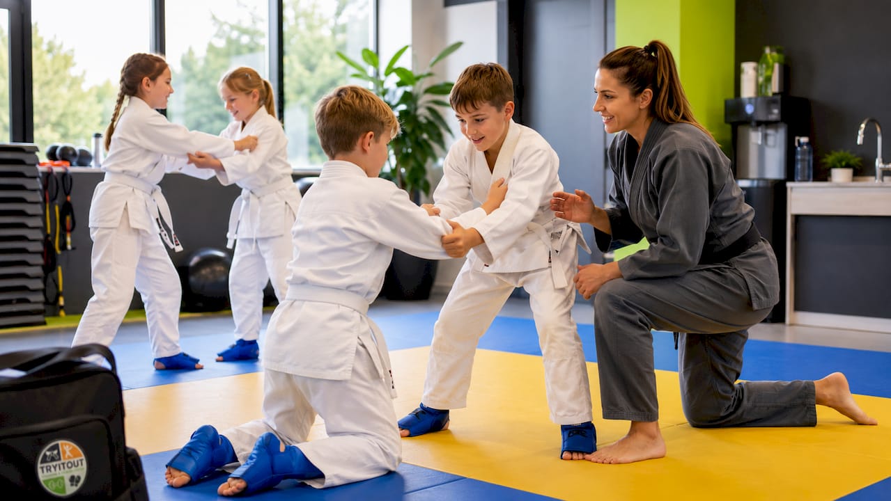 In de dojo leren kinderen zelfvertrouwen opbouwen door het beoefenen van vechtsport.