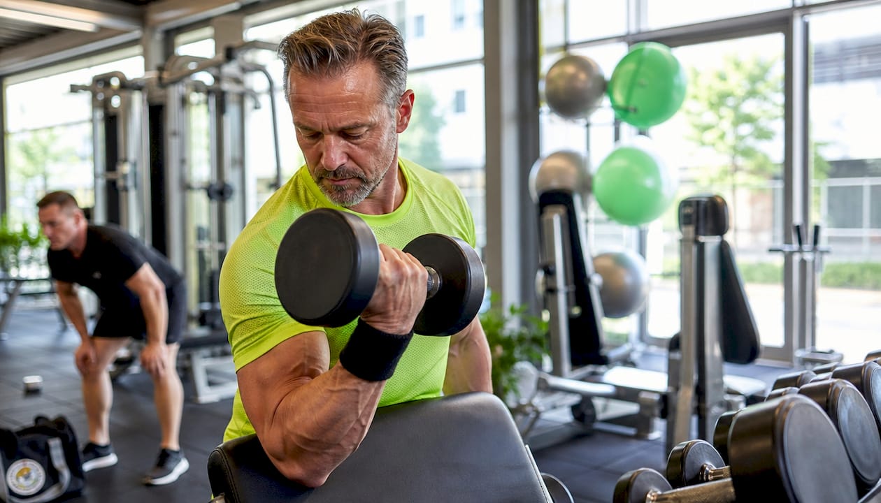 Man doet dumbbell-oefeningen in de sportschool, gezien van opzij