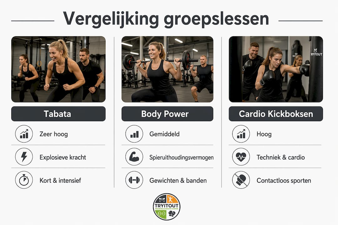 Overzichtelijke infographic waarin verschillende groepslessen worden vergeleken op kracht en intensiteit.