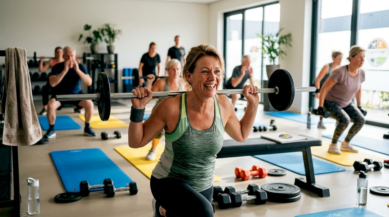 Vrouw werkt aan haar spierkracht tijdens de Body Power les
