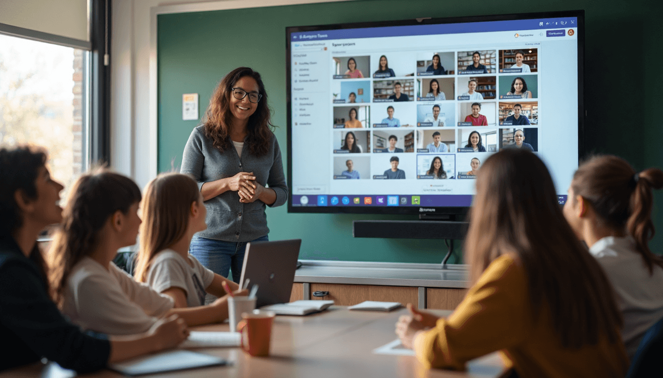 Educator using Microsoft Teams touchscreen with Collaboration Tools overlay in classroom