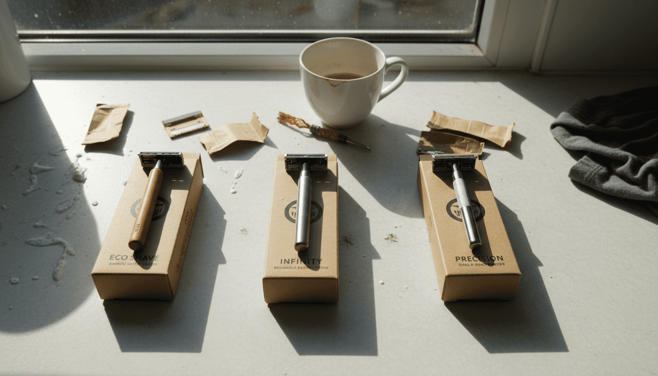 Variety of eco razors displayed on countertop