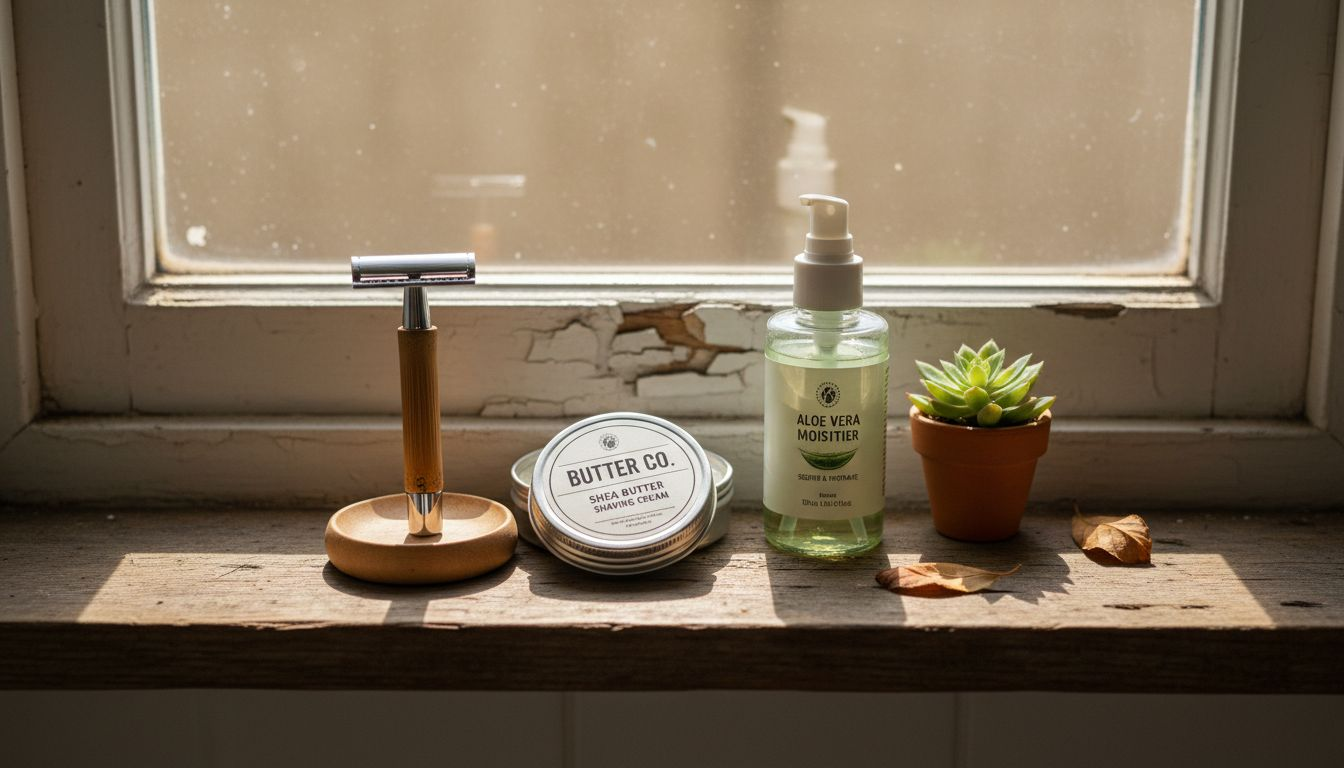 Eco-friendly shaving products on wooden shelf