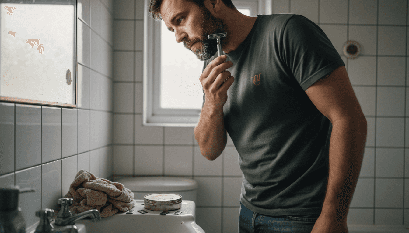 Man shaving with weighted safety razor