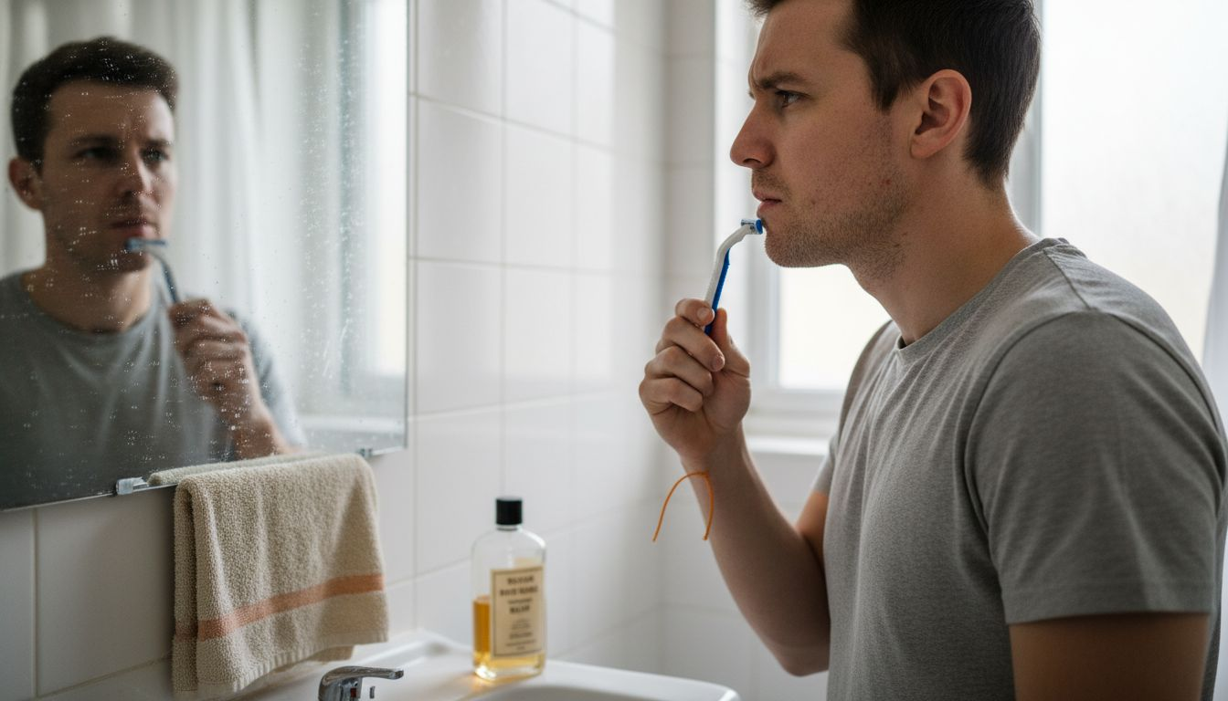 Man shaving with irritation at bathroom mirror