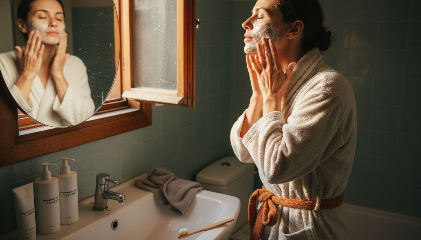 Woman gently cleanses face before shaving
