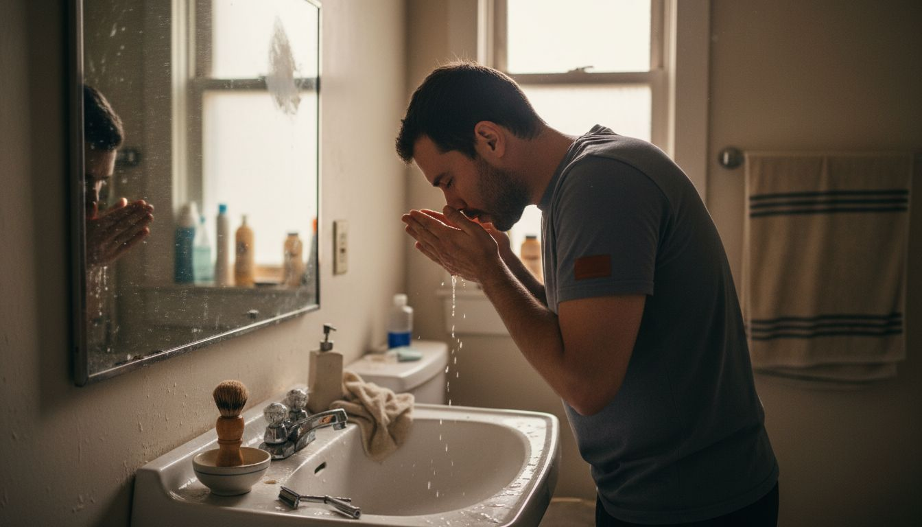 Man preparing face for shaving at sink