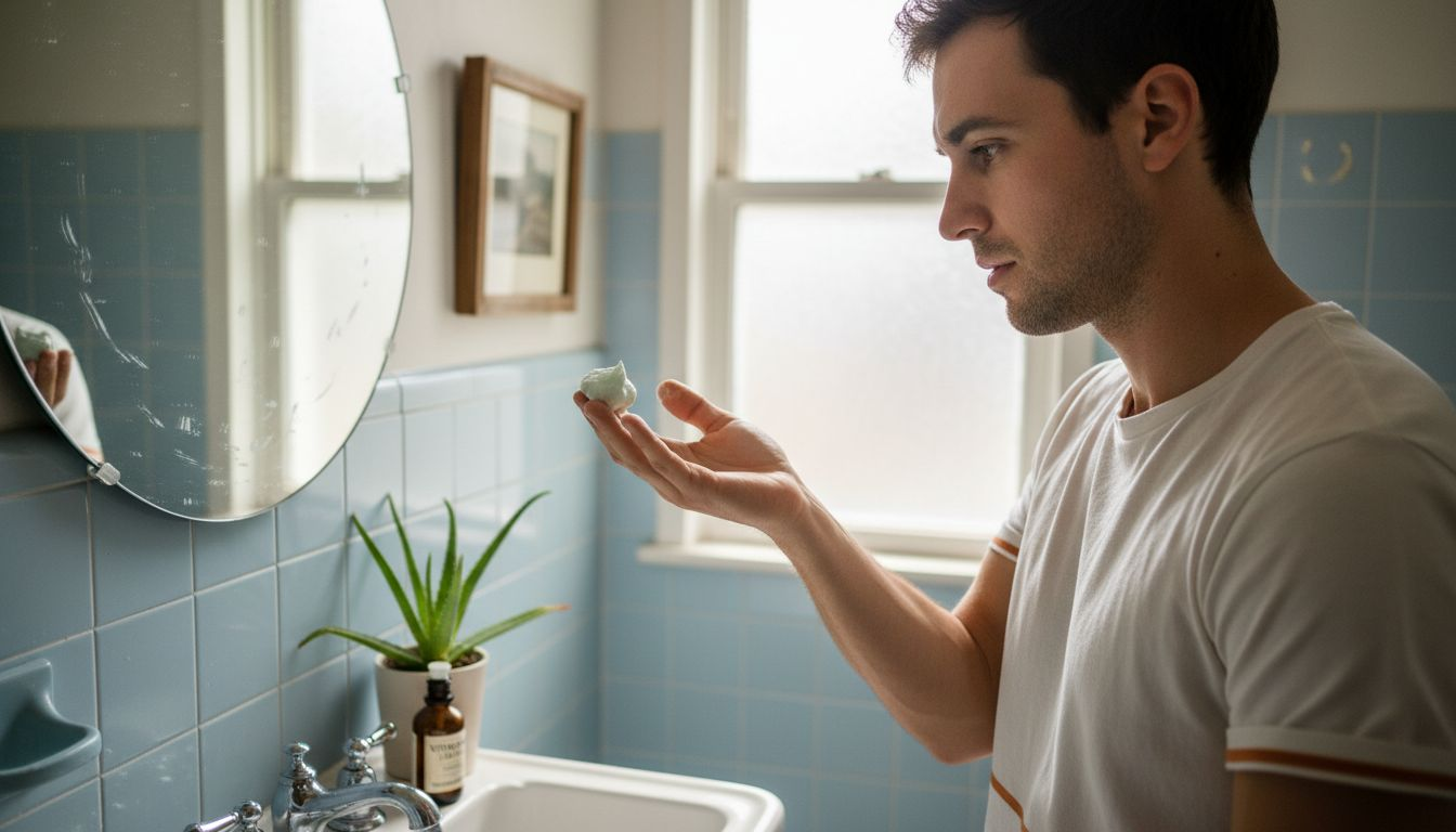 Inspecting natural shaving cream ingredients on fingertips