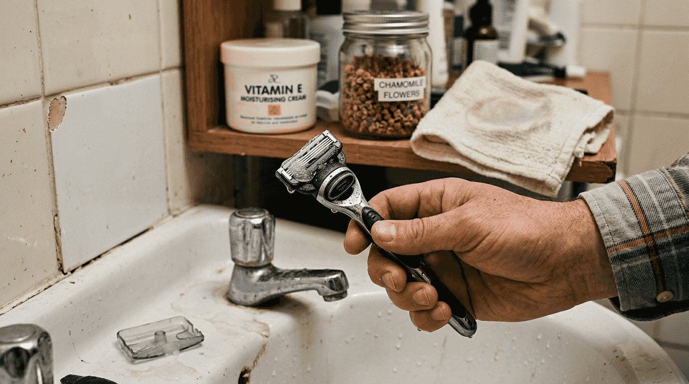 Hand holding razor with soothing gel