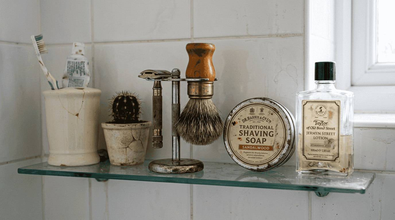 Full shaving set displayed on bathroom shelf