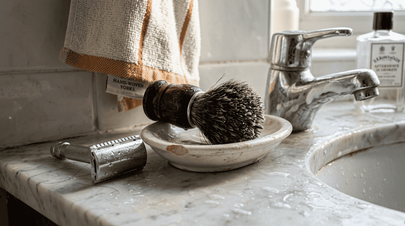 Close-up of shaving brush bristles with lather