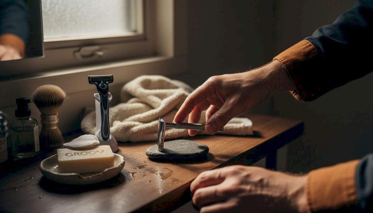 Close-up of razors and shaving tools on shelf