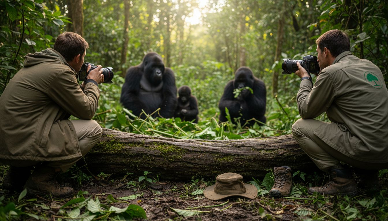 Travelers watch mountain gorillas in jungle