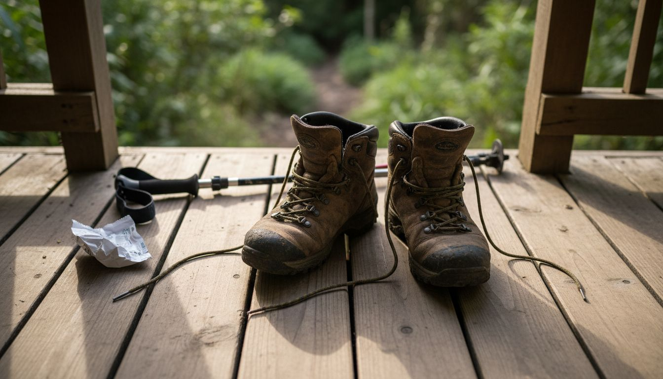 Worn hiking boots on lodge porch Uganda