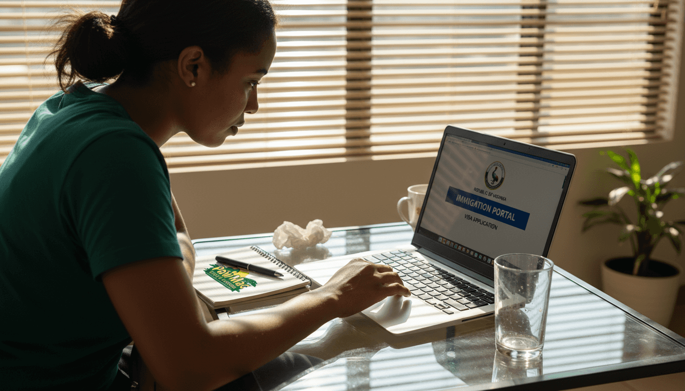 Applicant entering visa details online in apartment