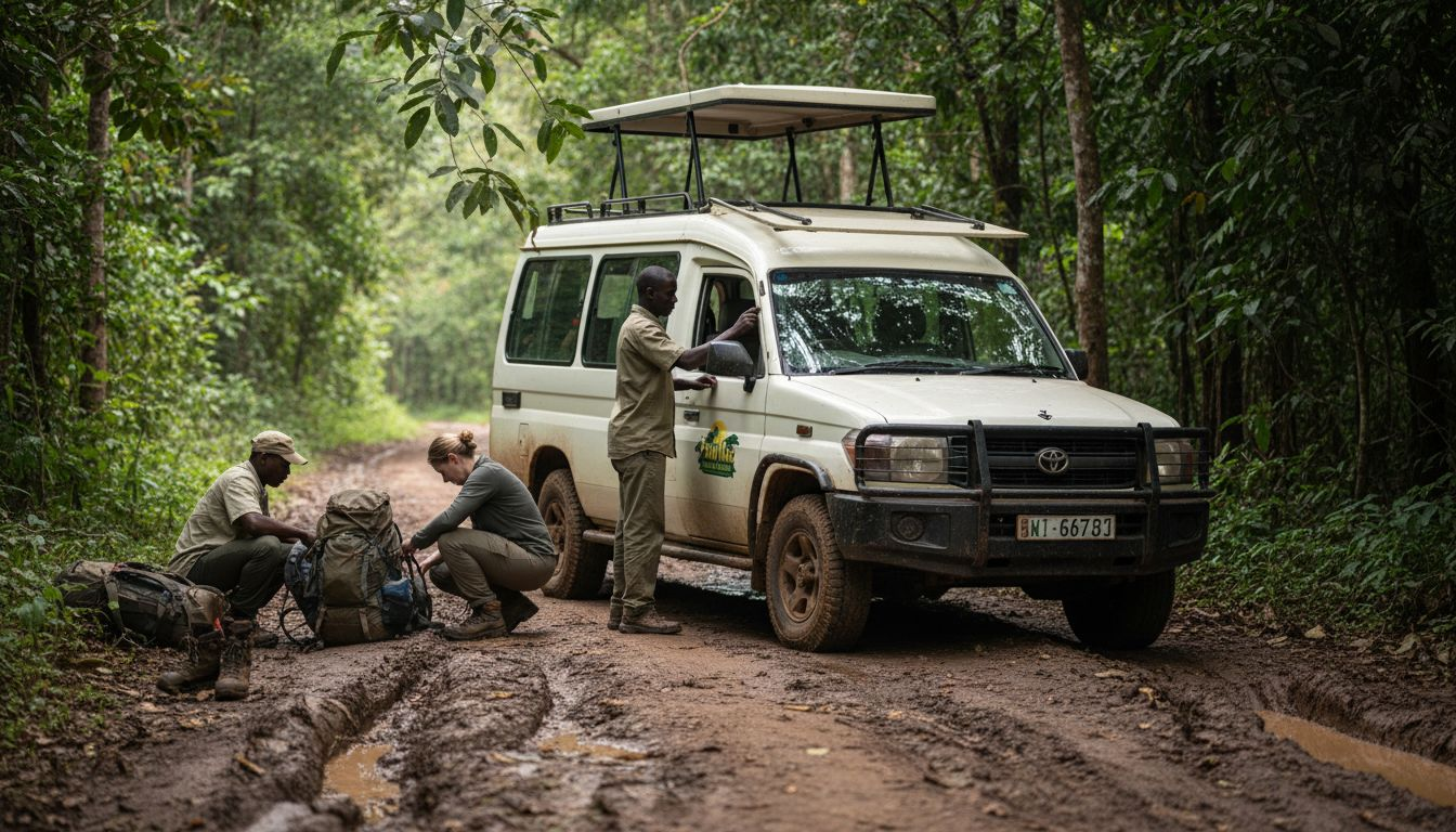 Safari van on muddy road in Ugandan forest