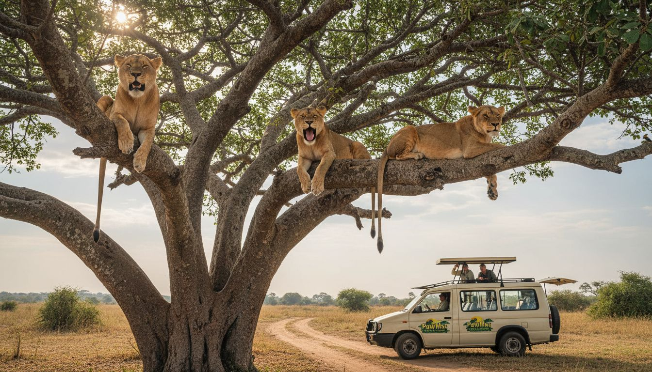 Tree-climbing lions with safari van watching