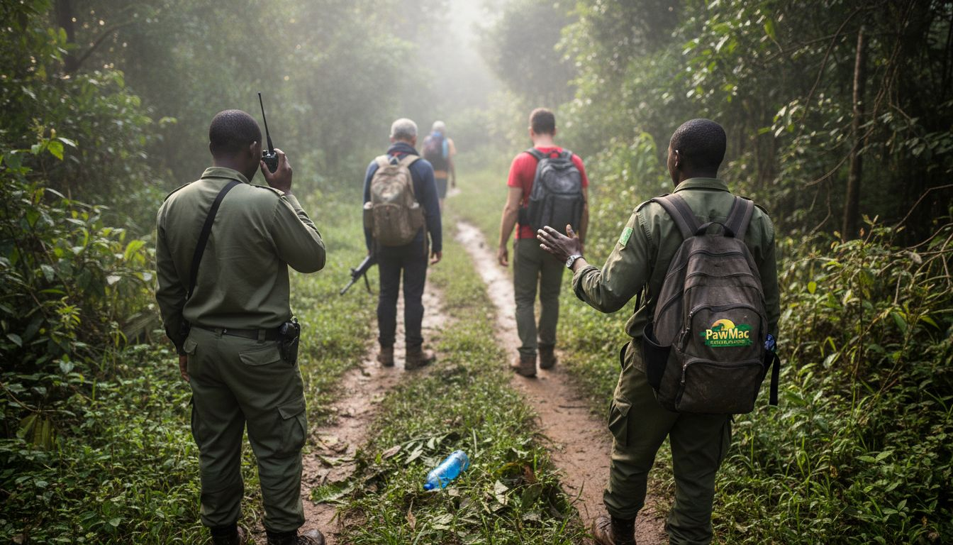 Rangers leading trekkers through Uganda forest