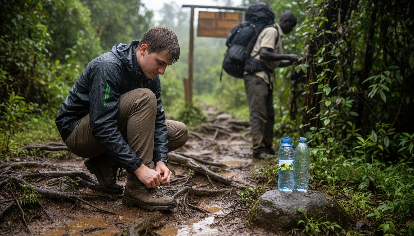 Trekker tying boots on Rushaga forest trail