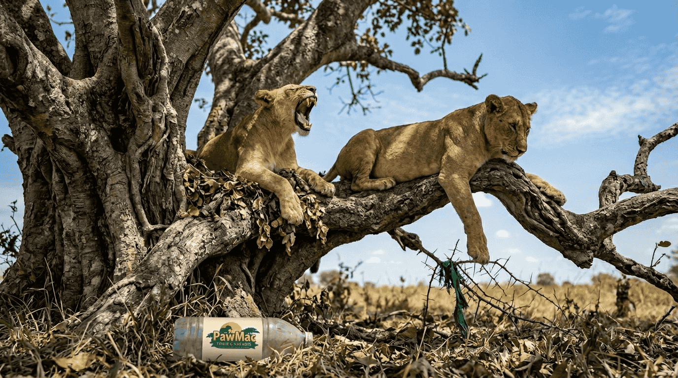 Lions resting on fig tree branches in Ishasha