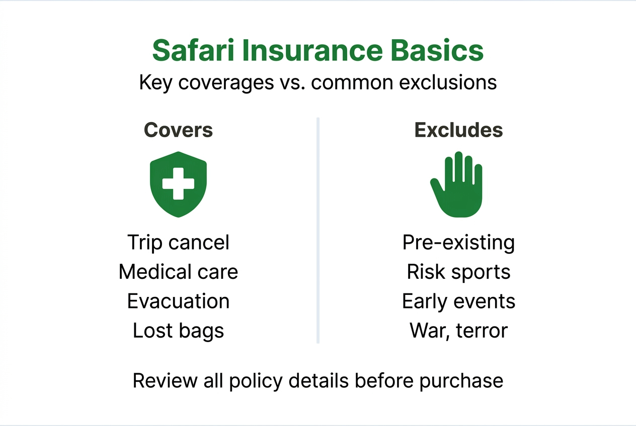 Infographic summarizing safari insurance coverages and exclusions